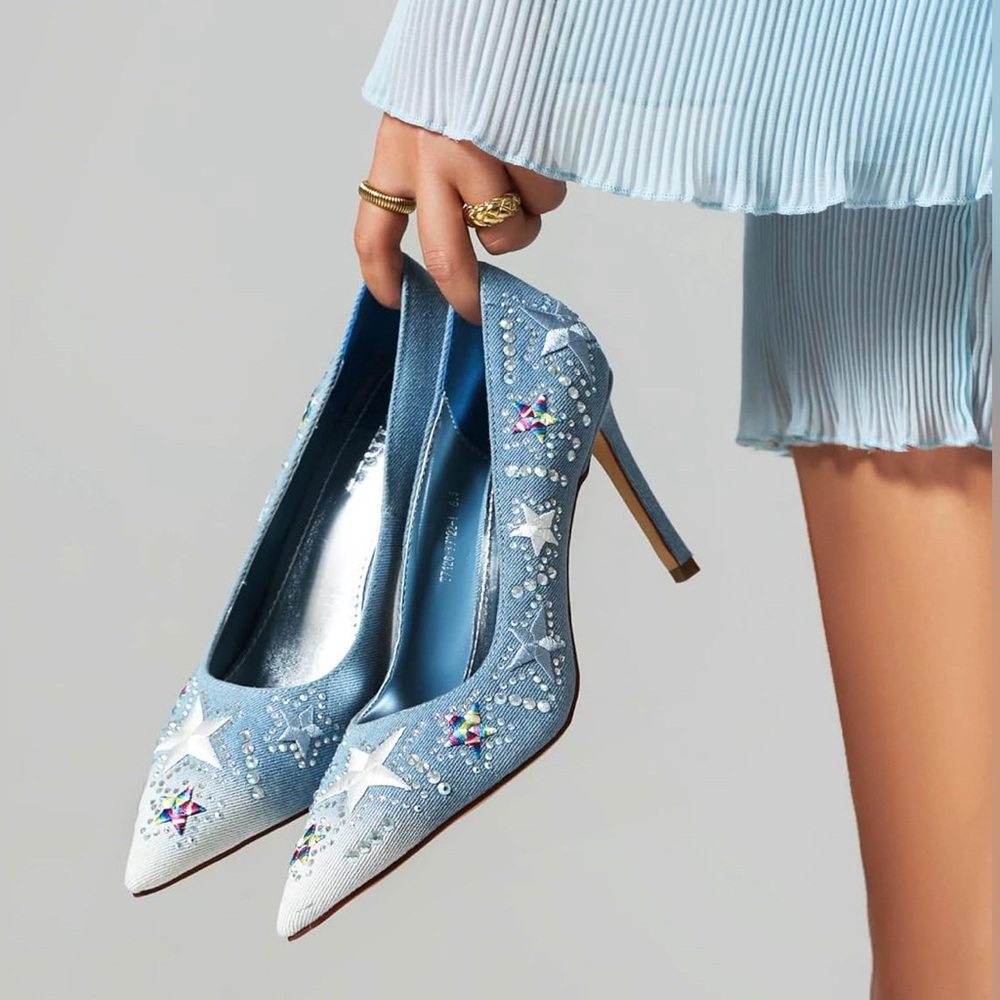 NWT💙Denim Heels✨Stars Rhinestone
